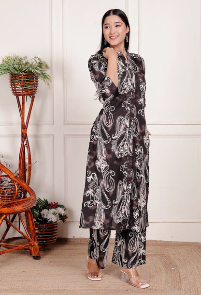 Women's Premium Cotton Abstract Printed Straight Kurta With Pants | Black & White Co-Ord Ethnic Set | Button-Down Kurta With Mandarin Collar & 3/4 Sleeves