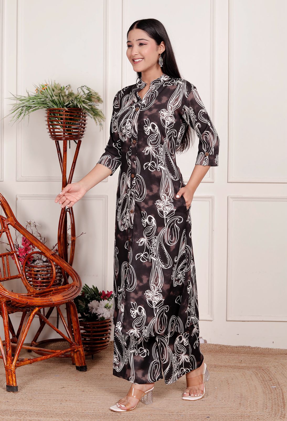 Women's Premium Cotton Abstract Printed Straight Kurta With Pants | Black & White Co-Ord Ethnic Set | Button-Down Kurta With Mandarin Collar & 3/4 Sleeves