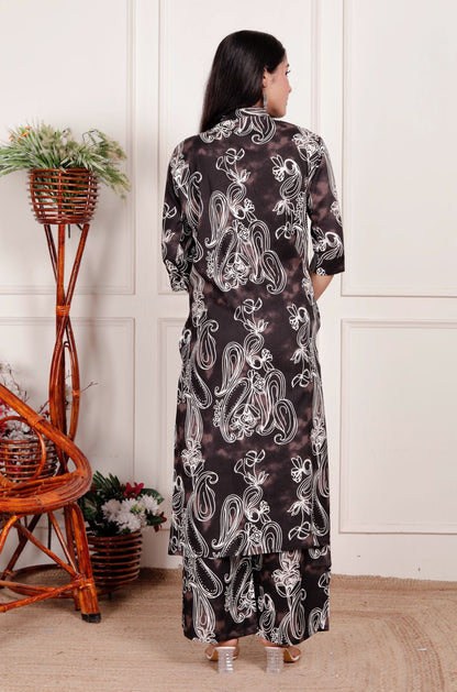 Women's Premium Cotton Abstract Printed Straight Kurta With Pants | Black & White Co-Ord Ethnic Set | Button-Down Kurta With Mandarin Collar & 3/4 Sleeves