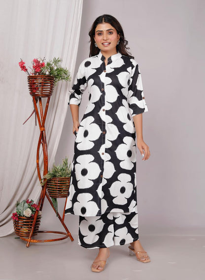 Black & White Bold Floral Printed Kurta Set for Women