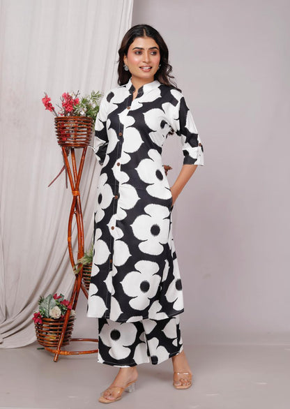 Black & White Bold Floral Printed Kurta Set for Women