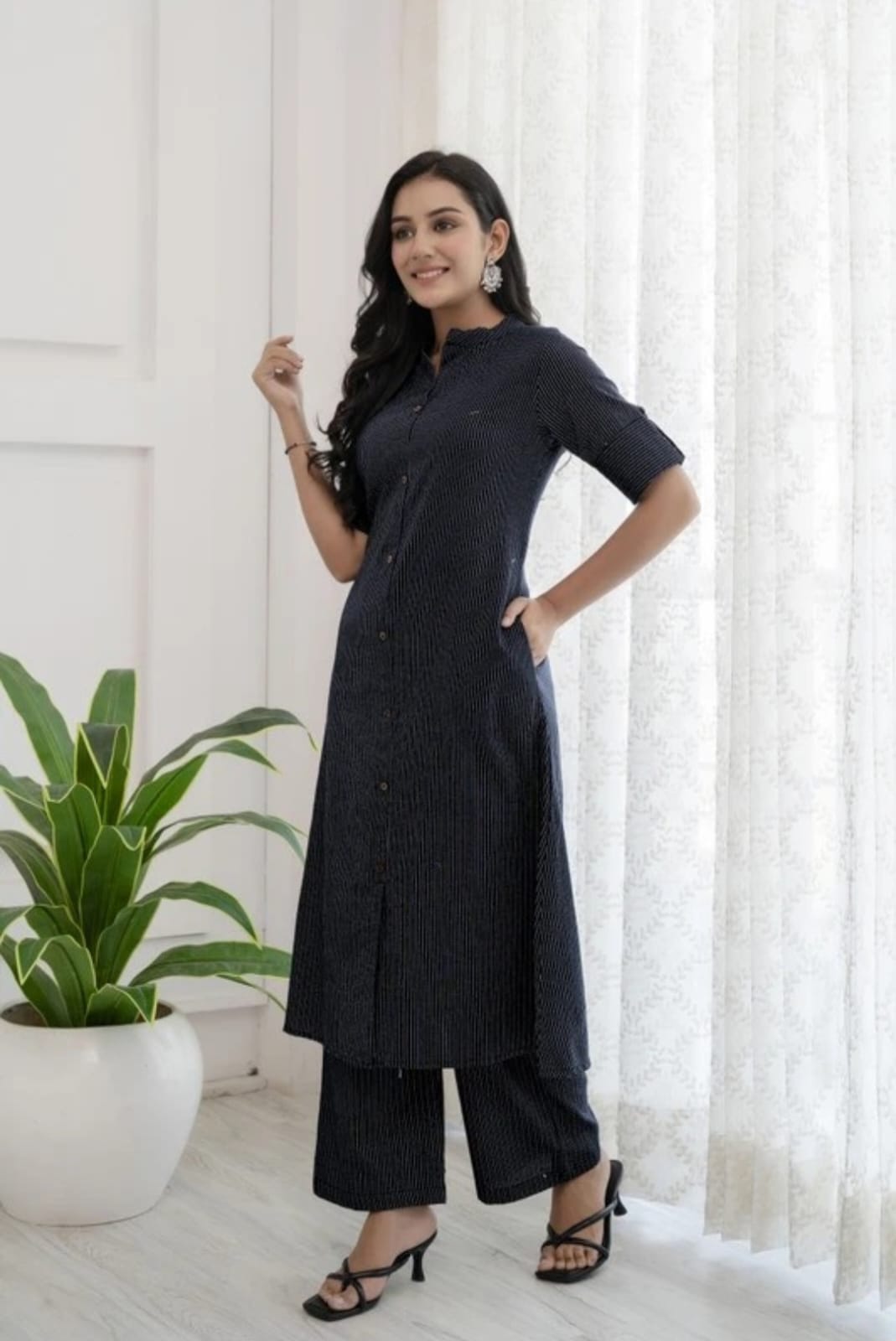 Women's Premium Cotton Katha Print Straight Kurta With Matching Pants | Black Striped Ethnic Co-Ord Set | Button-Down Kurta with Mandarin Collar & 3/4 Sleeves