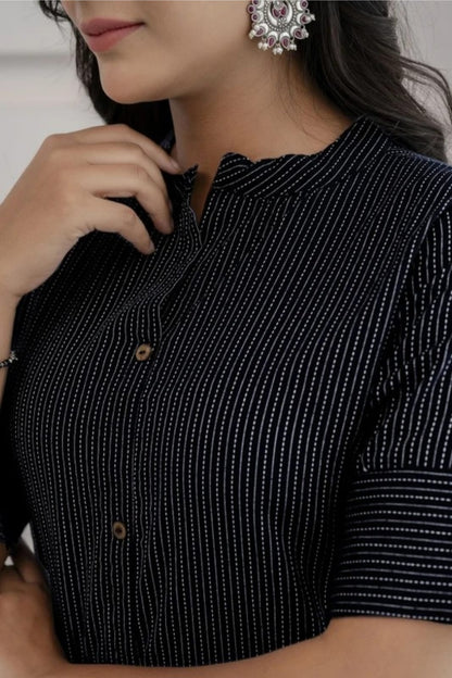 Women's Premium Cotton Katha Print Straight Kurta With Matching Pants | Black Striped Ethnic Co-Ord Set | Button-Down Kurta with Mandarin Collar & 3/4 Sleeves
