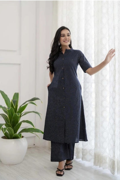 Women's Premium Cotton Katha Print Straight Kurta With Matching Pants | Black Striped Ethnic Co-Ord Set | Button-Down Kurta with Mandarin Collar & 3/4 Sleeves