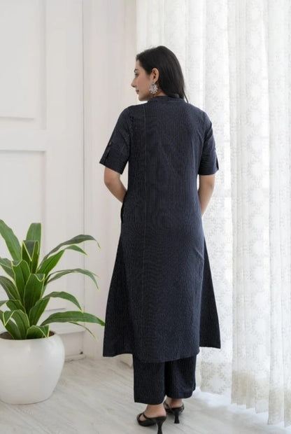 Women's Premium Cotton Katha Print Straight Kurta With Matching Pants | Black Striped Ethnic Co-Ord Set | Button-Down Kurta with Mandarin Collar & 3/4 Sleeves