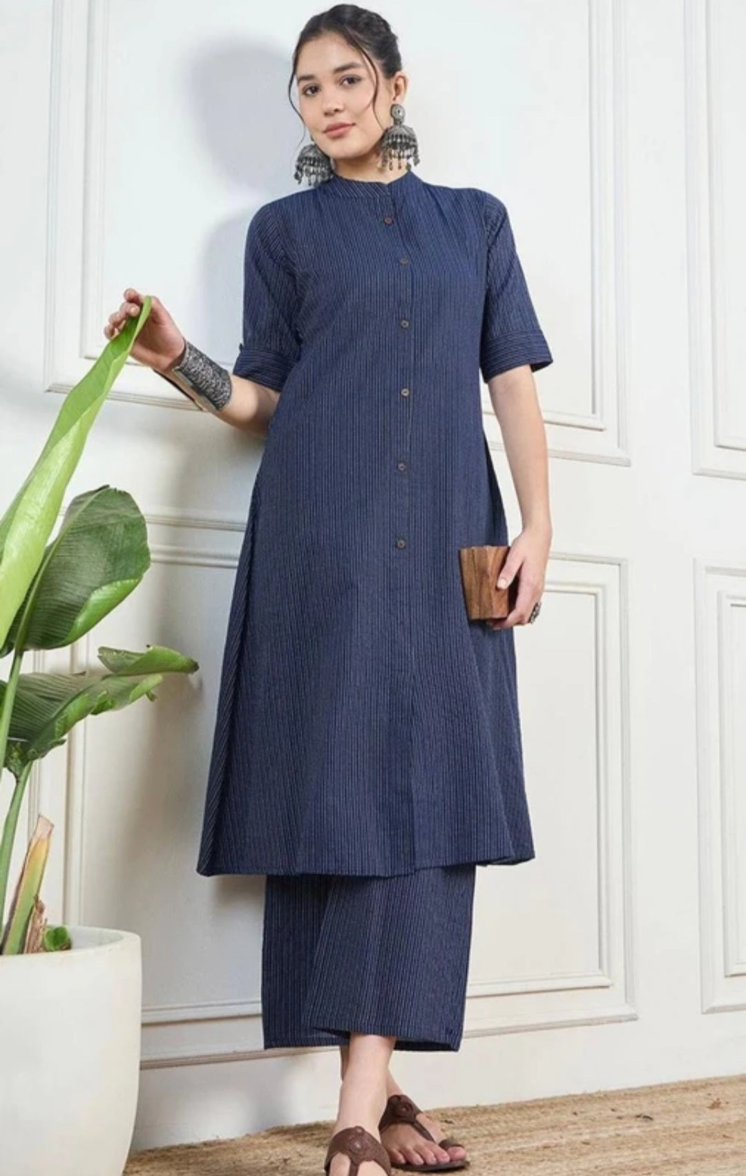 Women’s Premium Cotton Katha Print Straight Kurta with Matching Pants | Indigo Blue Striped Co-Ord Set | Button-Down Kurta with Mandarin Collar & Half Sleeves