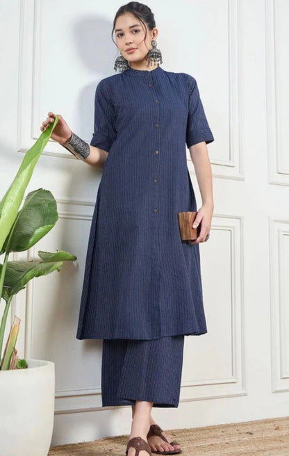 Women’s Premium Cotton Katha Print Straight Kurta with Matching Pants | Indigo Blue Striped Co-Ord Set | Button-Down Kurta with Mandarin Collar & Half Sleeves