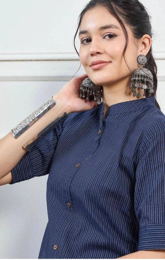 Women’s Premium Cotton Katha Print Straight Kurta with Matching Pants | Indigo Blue Striped Co-Ord Set | Button-Down Kurta with Mandarin Collar & Half Sleeves