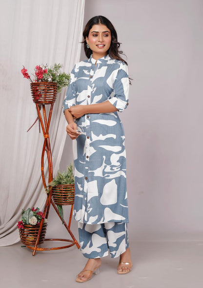 Women’s Grey & White Abstract Printed Cotton Co-Ord Set | Button-Down Straight Kurta with Pant | Mandarin Collar & Roll-Up Sleeves
