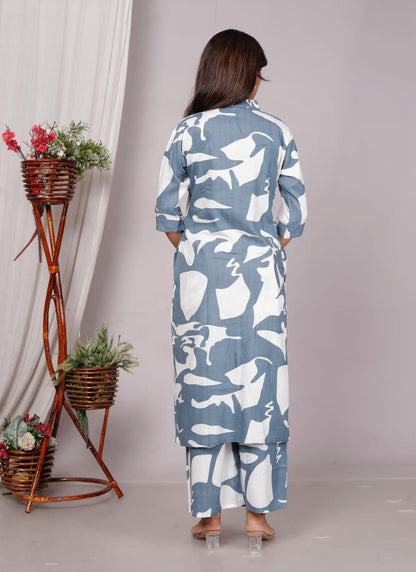 Women’s Grey & White Abstract Printed Cotton Co-Ord Set | Button-Down Straight Kurta with Pant | Mandarin Collar & Roll-Up Sleeves