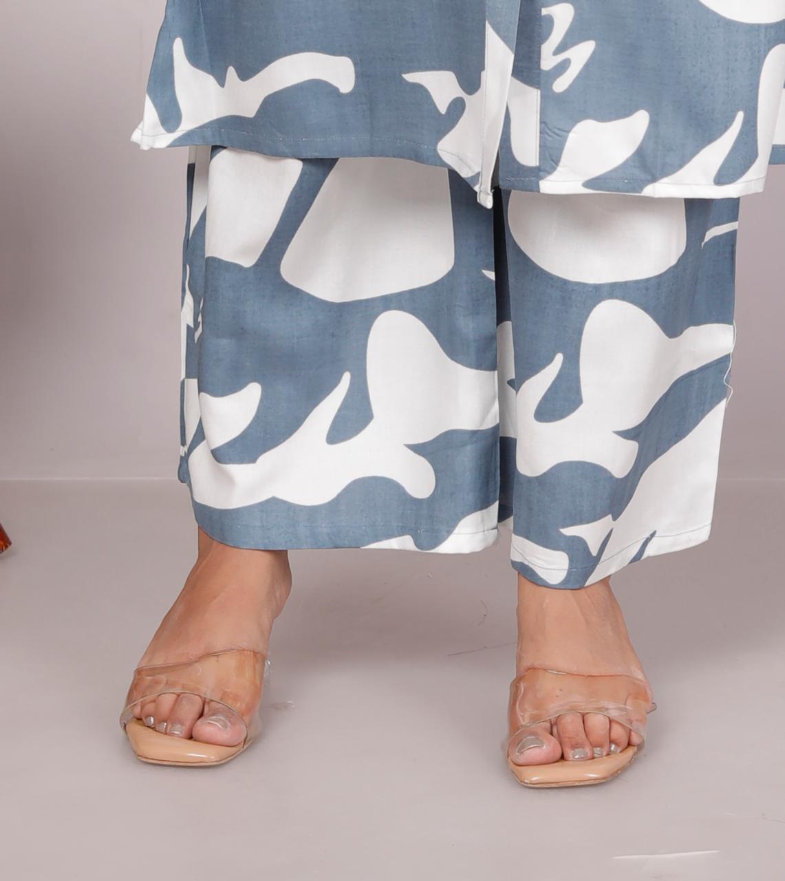 Women’s Grey & White Abstract Printed Cotton Co-Ord Set | Button-Down Straight Kurta with Pant | Mandarin Collar & Roll-Up Sleeves