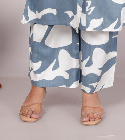 Women’s Grey & White Abstract Printed Cotton Co-Ord Set | Button-Down Straight Kurta with Pant | Mandarin Collar & Roll-Up Sleeves