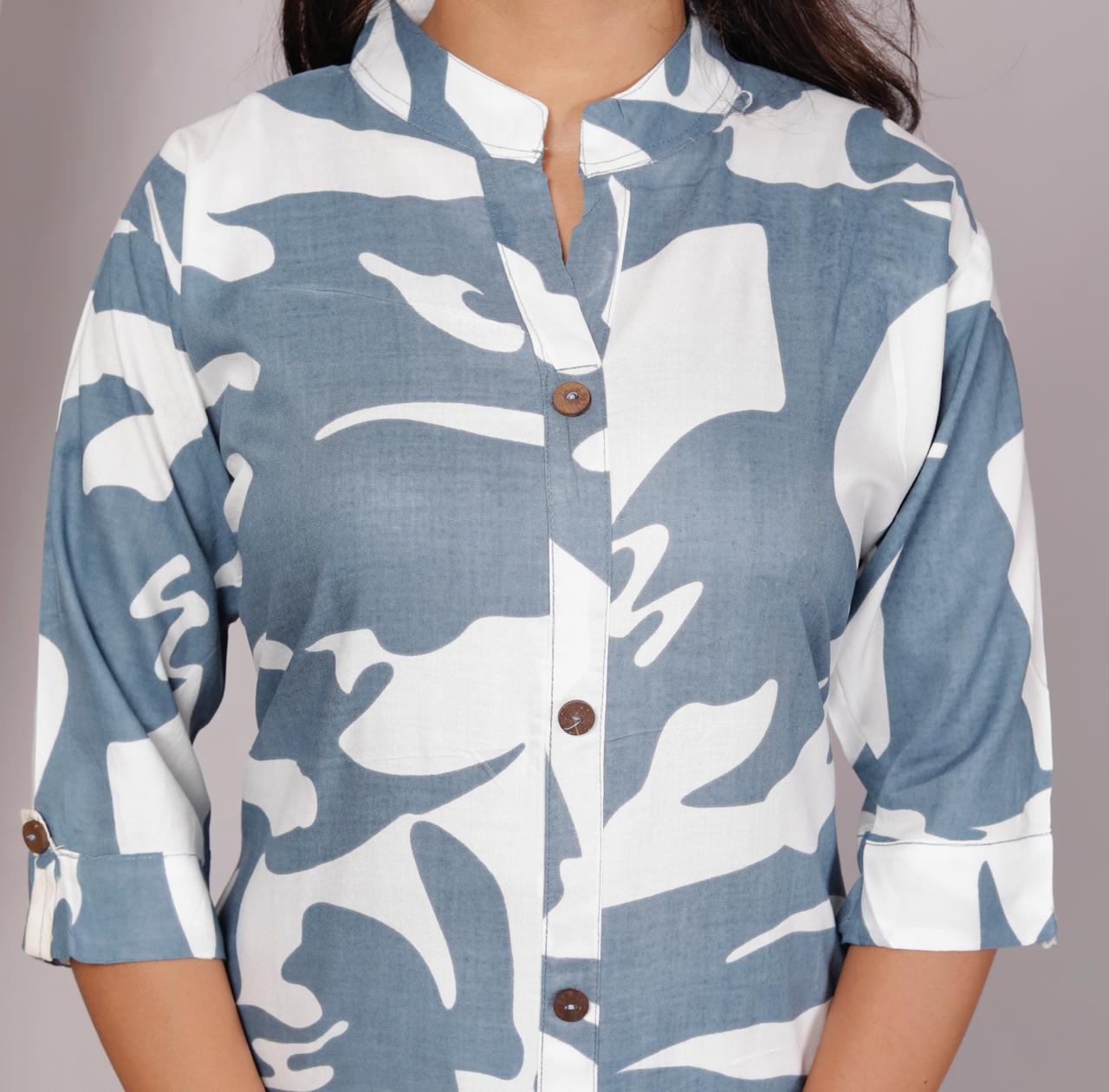 Women’s Grey & White Abstract Printed Cotton Co-Ord Set | Button-Down Straight Kurta with Pant | Mandarin Collar & Roll-Up Sleeves
