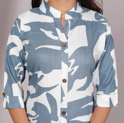 Women’s Grey & White Abstract Printed Cotton Co-Ord Set | Button-Down Straight Kurta with Pant | Mandarin Collar & Roll-Up Sleeves
