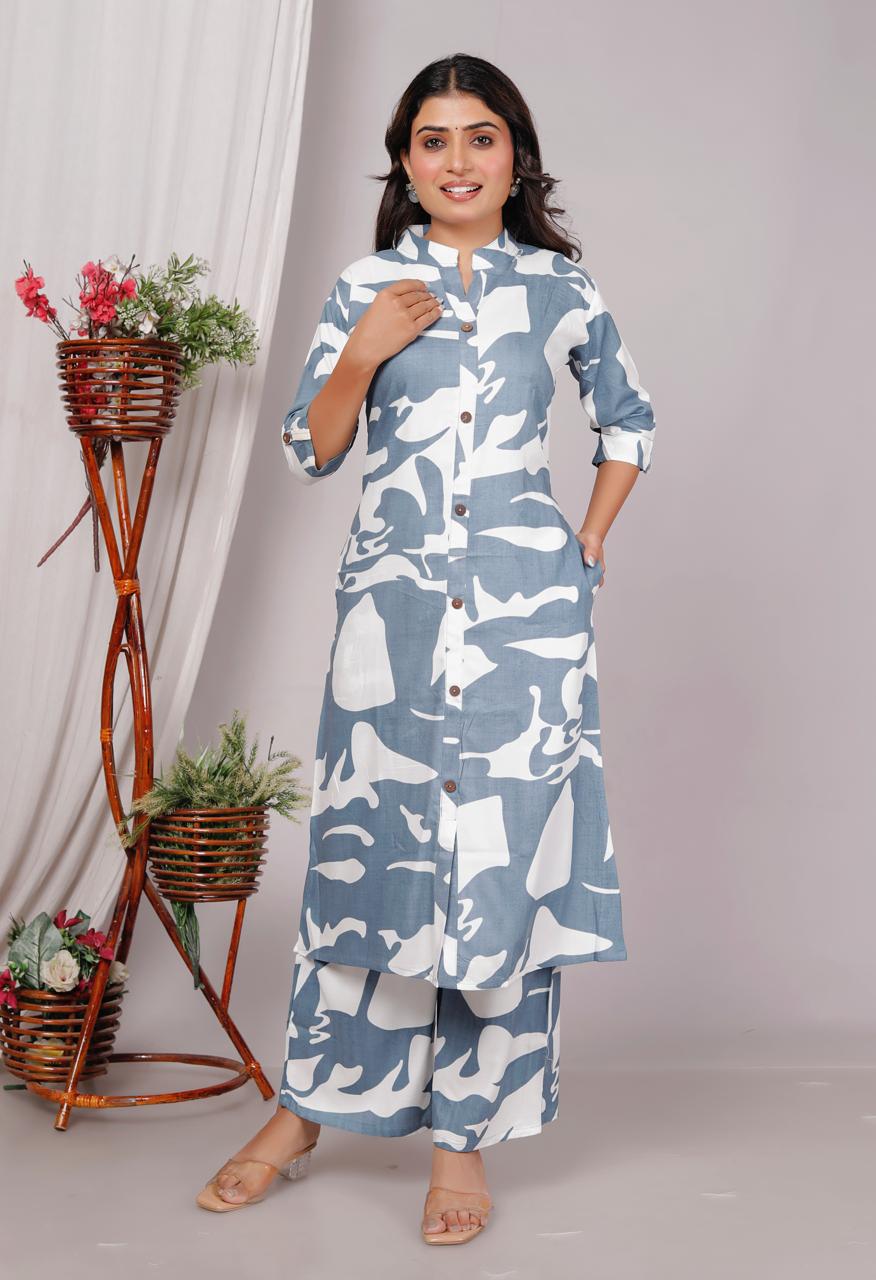 Women’s Grey & White Abstract Printed Cotton Co-Ord Set | Button-Down Straight Kurta with Pant | Mandarin Collar & Roll-Up Sleeves