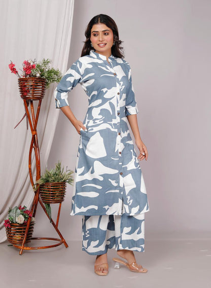 Women’s Grey & White Abstract Printed Cotton Co-Ord Set | Button-Down Straight Kurta with Pant | Mandarin Collar & Roll-Up Sleeves