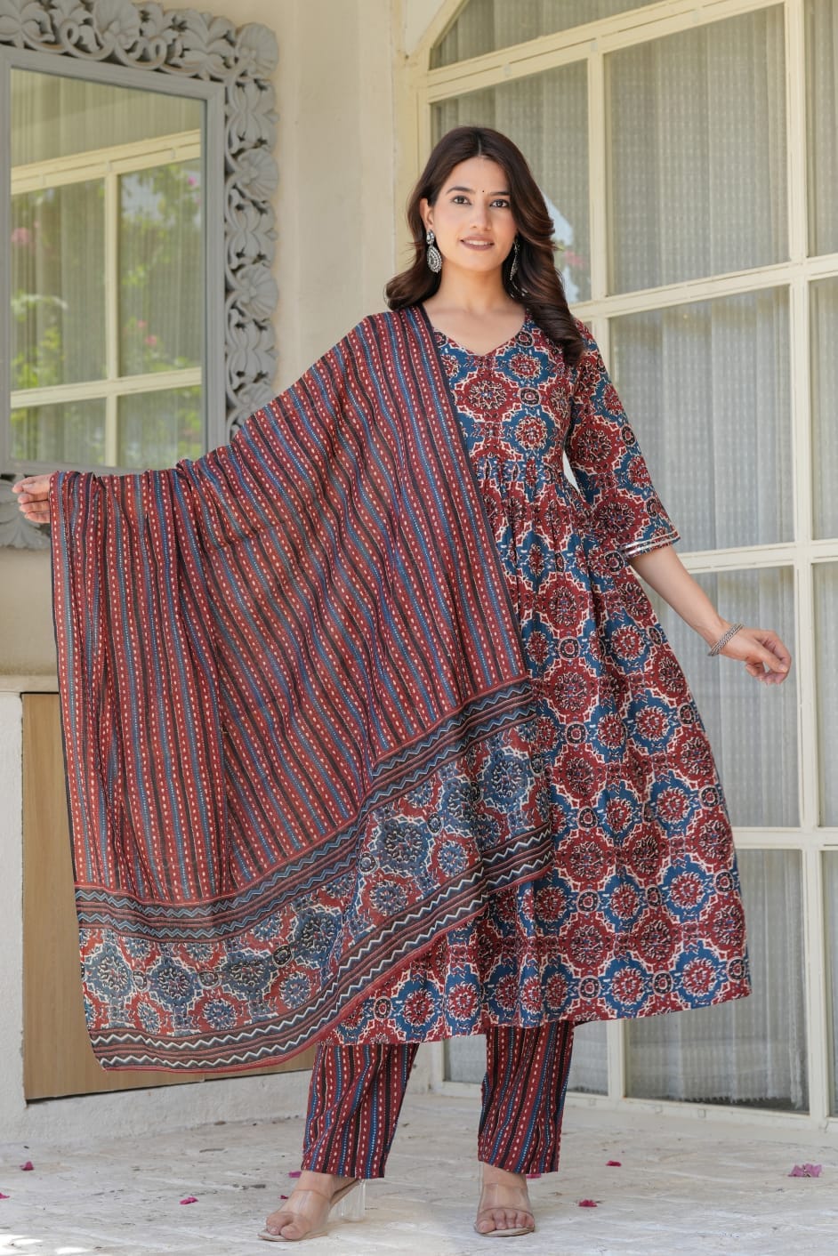 Women’s Kalamkari Printed Anarkali Kurta Set with Dupatta | Cotton 3-Piece Ethnic Suit Set | Comfortable Daily & Festive Wear