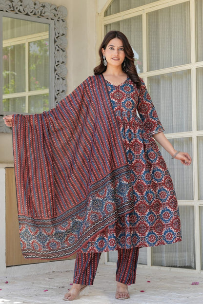 Women’s Kalamkari Printed Anarkali Kurta Set with Dupatta | Cotton 3-Piece Ethnic Suit Set | Comfortable Daily & Festive Wear