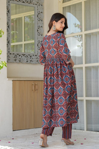 Women’s Kalamkari Printed Anarkali Kurta Set with Dupatta | Cotton 3-Piece Ethnic Suit Set | Comfortable Daily & Festive Wear