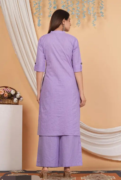 Women's Lavender Striped Cotton Coord Set | Button-Down Straight Kurta with Matching Pants | Elegant Daily & Office Wear