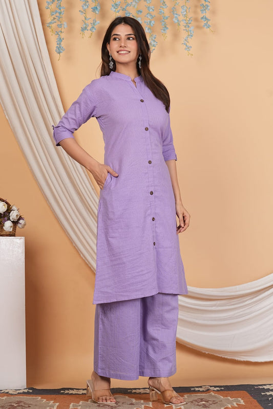 Women's Lavender Striped Cotton Coord Set | Button-Down Straight Kurta with Matching Pants | Elegant Daily & Office Wear