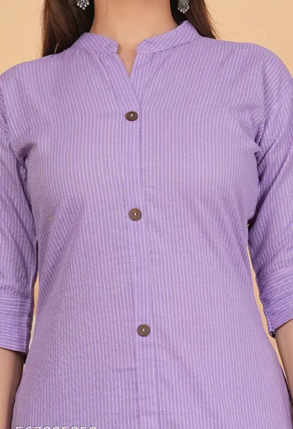 Women's Lavender Striped Cotton Coord Set | Button-Down Straight Kurta with Matching Pants | Elegant Daily & Office Wear