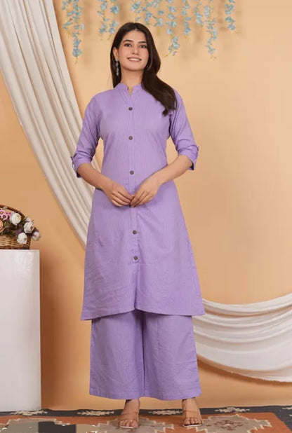 Women's Lavender Striped Cotton Coord Set | Button-Down Straight Kurta with Matching Pants | Elegant Daily & Office Wear