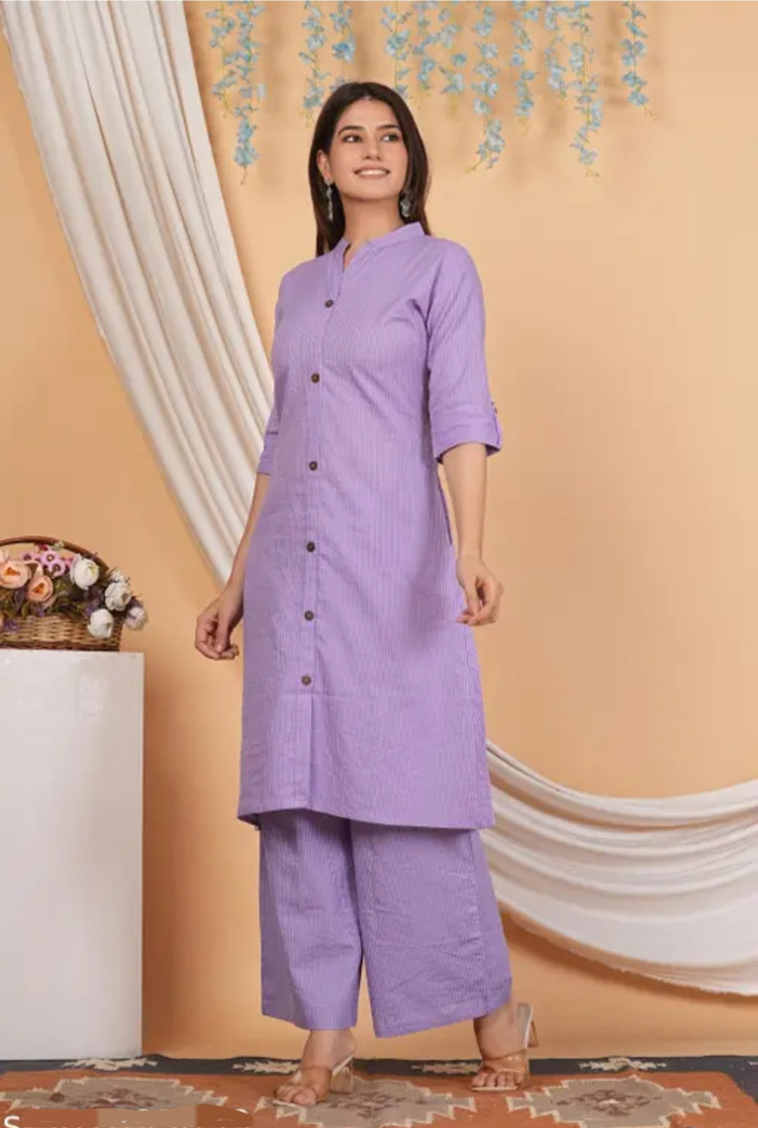Women's Lavender Striped Cotton Coord Set | Button-Down Straight Kurta with Matching Pants | Elegant Daily & Office Wear