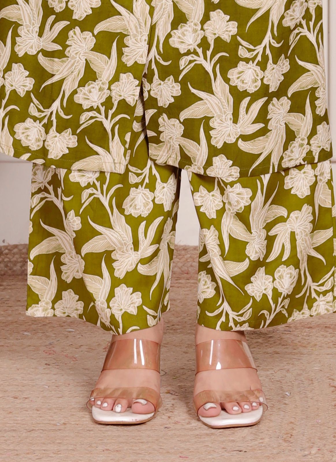 Women's Olive Green Floral Printed Coord Set | Button-Down Kurta with Matching Pants | Elegant Daily & Office Wear Outfit