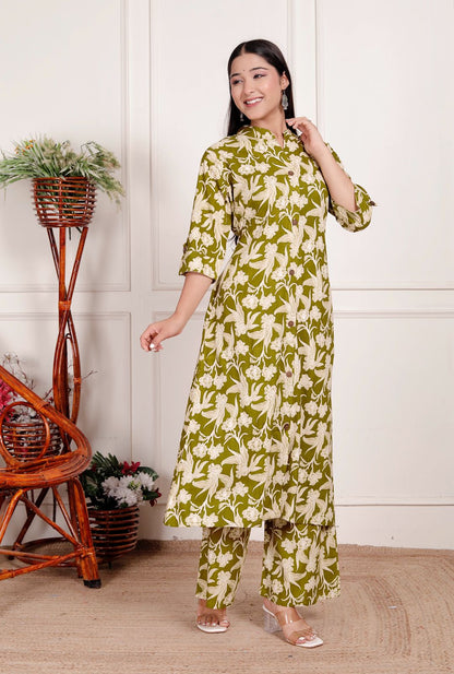 Women's Olive Green Floral Printed Coord Set | Button-Down Kurta with Matching Pants | Elegant Daily & Office Wear Outfit