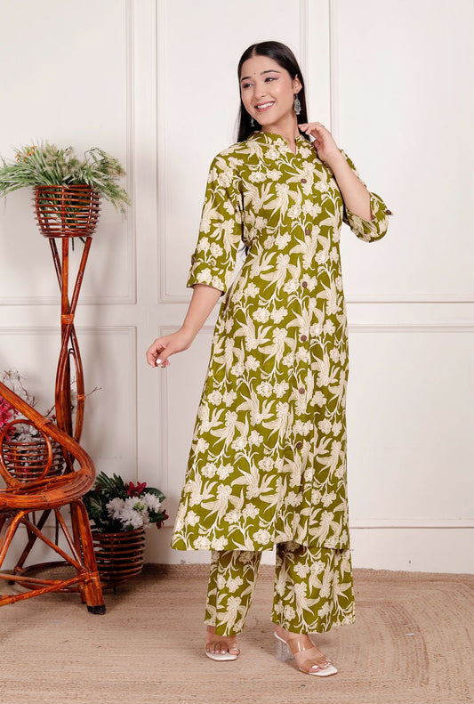 Women's Olive Green Floral Printed Coord Set | Button-Down Kurta with Matching Pants | Elegant Daily & Office Wear Outfit