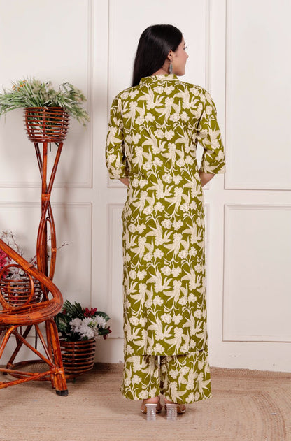 Women's Olive Green Floral Printed Coord Set | Button-Down Kurta with Matching Pants | Elegant Daily & Office Wear Outfit