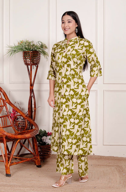 Women's Olive Green Floral Printed Coord Set | Button-Down Kurta with Matching Pants | Elegant Daily & Office Wear Outfit