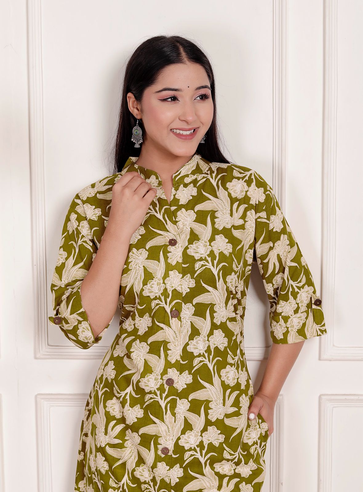 Women's Olive Green Floral Printed Coord Set | Button-Down Kurta with Matching Pants | Elegant Daily & Office Wear Outfit