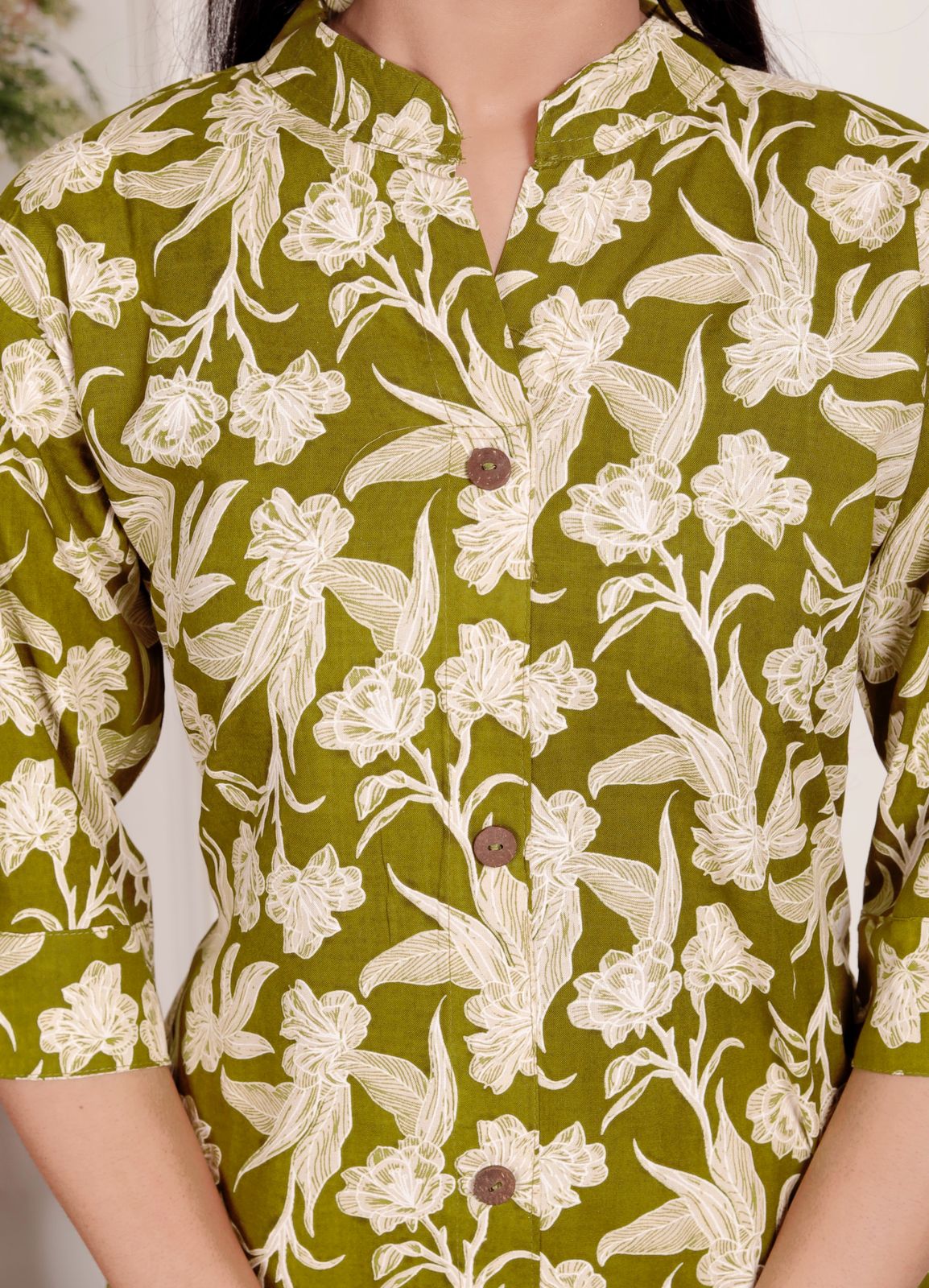 Women's Olive Green Floral Printed Coord Set | Button-Down Kurta with Matching Pants | Elegant Daily & Office Wear Outfit