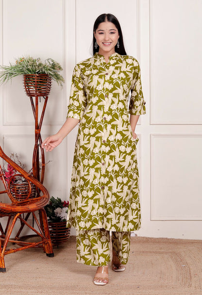 Women's Olive Green Floral Printed Coord Set | Button-Down Kurta with Matching Pants | Elegant Daily & Office Wear Outfit