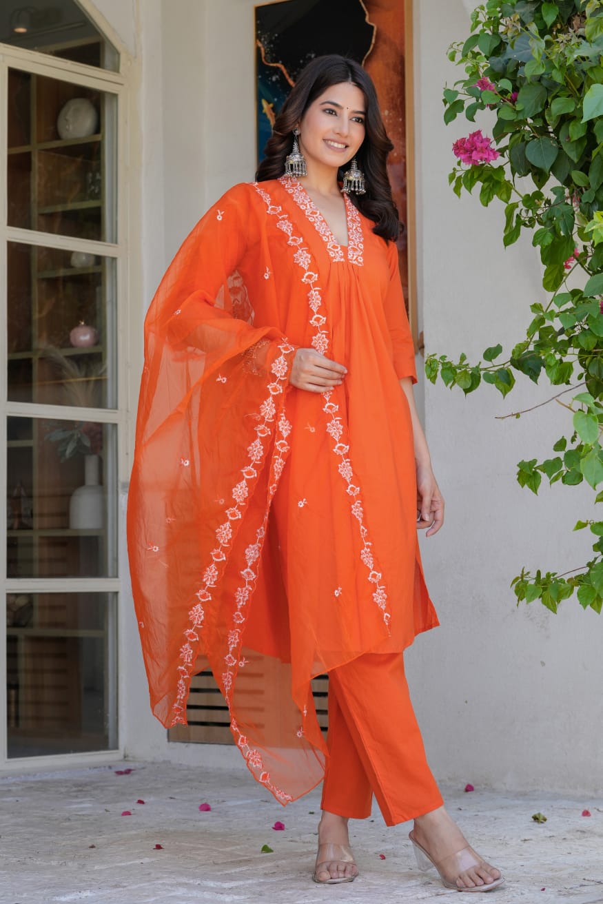 Premium Orange Embroidered Kurta Set with Organza Dupatta for Women – Festive & Ethnic Wear Suit Set