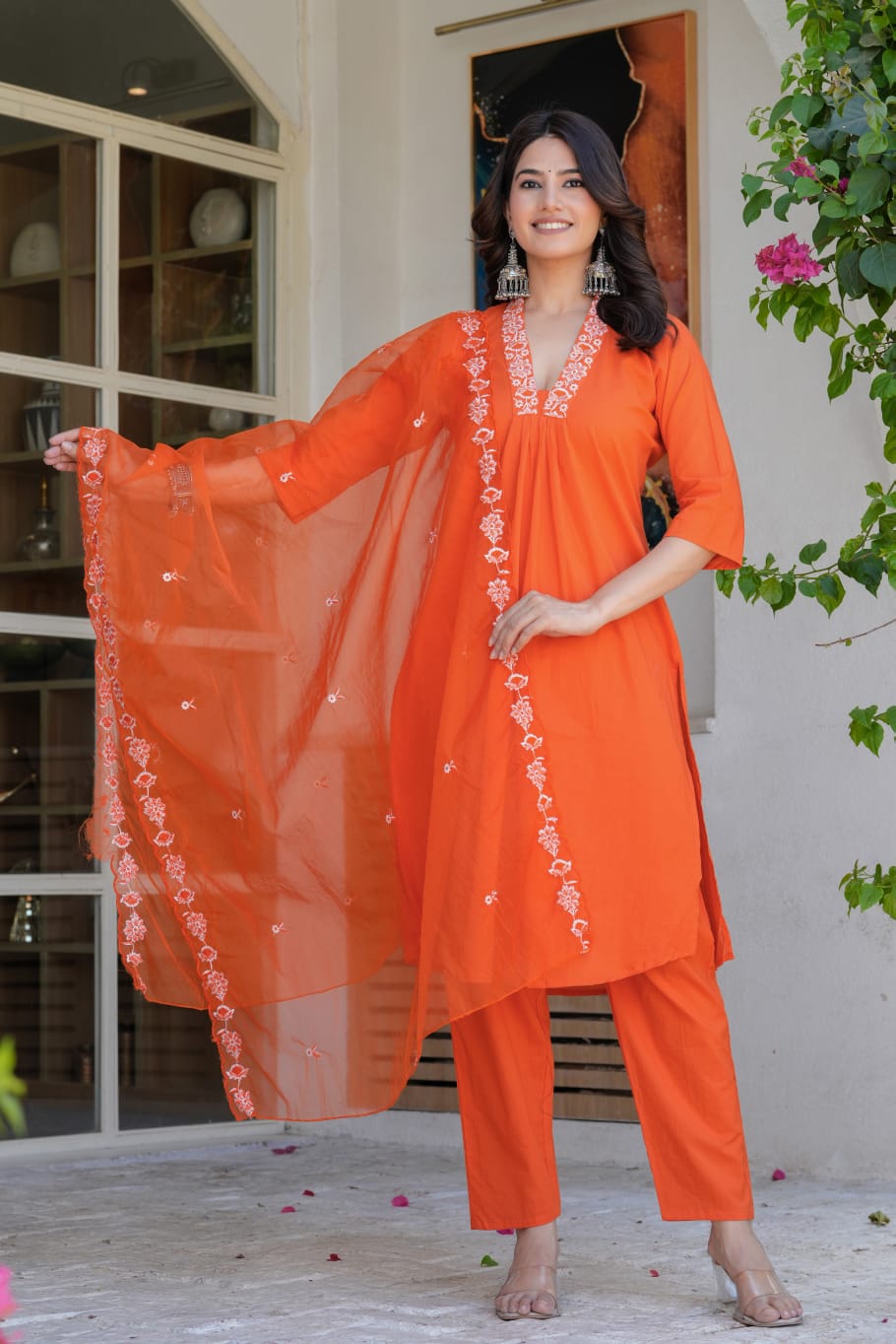Premium Orange Embroidered Kurta Set with Organza Dupatta for Women – Festive & Ethnic Wear Suit Set
