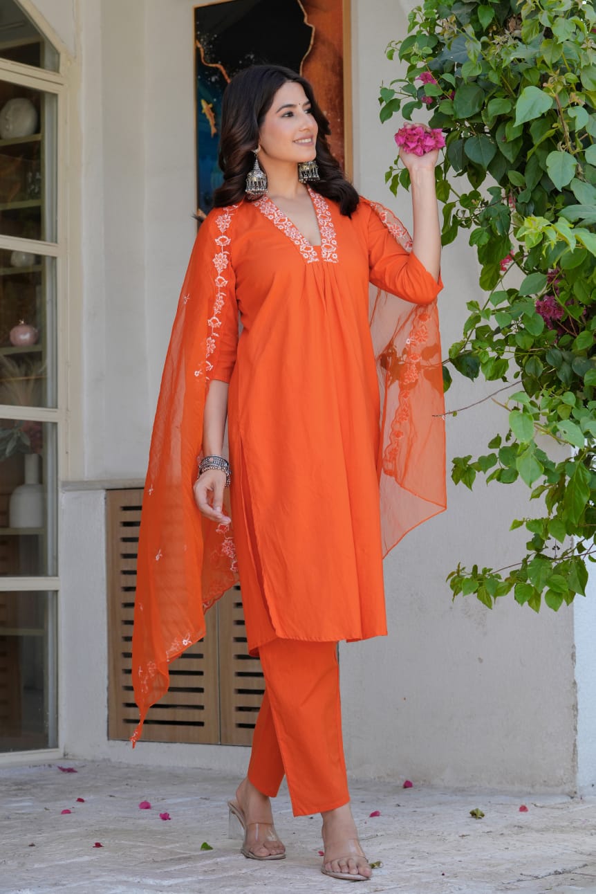Premium Orange Embroidered Kurta Set with Organza Dupatta for Women – Festive & Ethnic Wear Suit Set