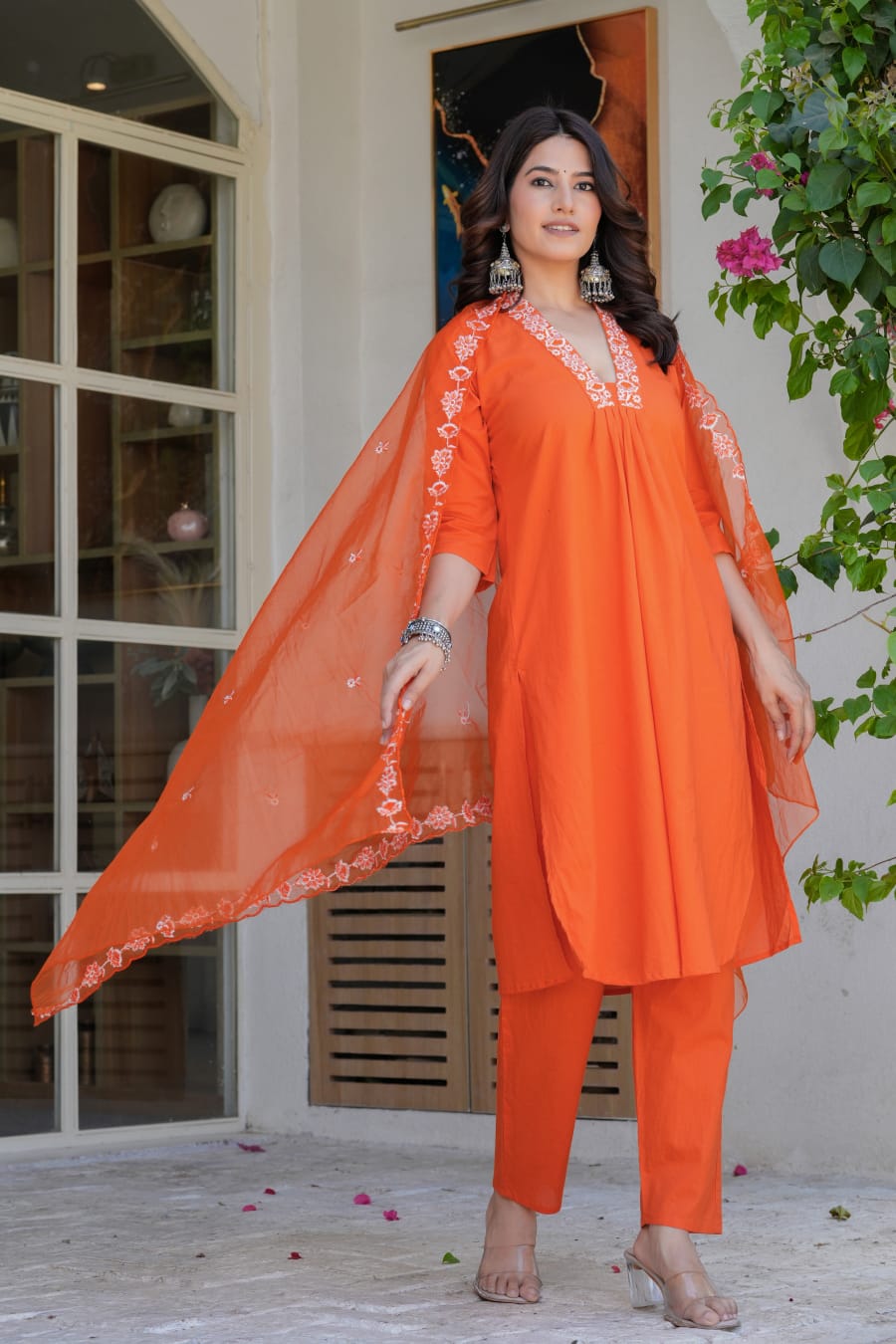 Premium Orange Embroidered Kurta Set with Organza Dupatta for Women – Festive & Ethnic Wear Suit Set