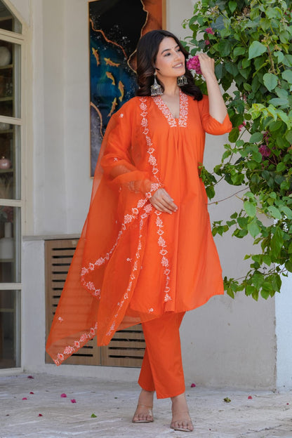 Premium Orange Embroidered Kurta Set with Organza Dupatta for Women – Festive & Ethnic Wear Suit Set
