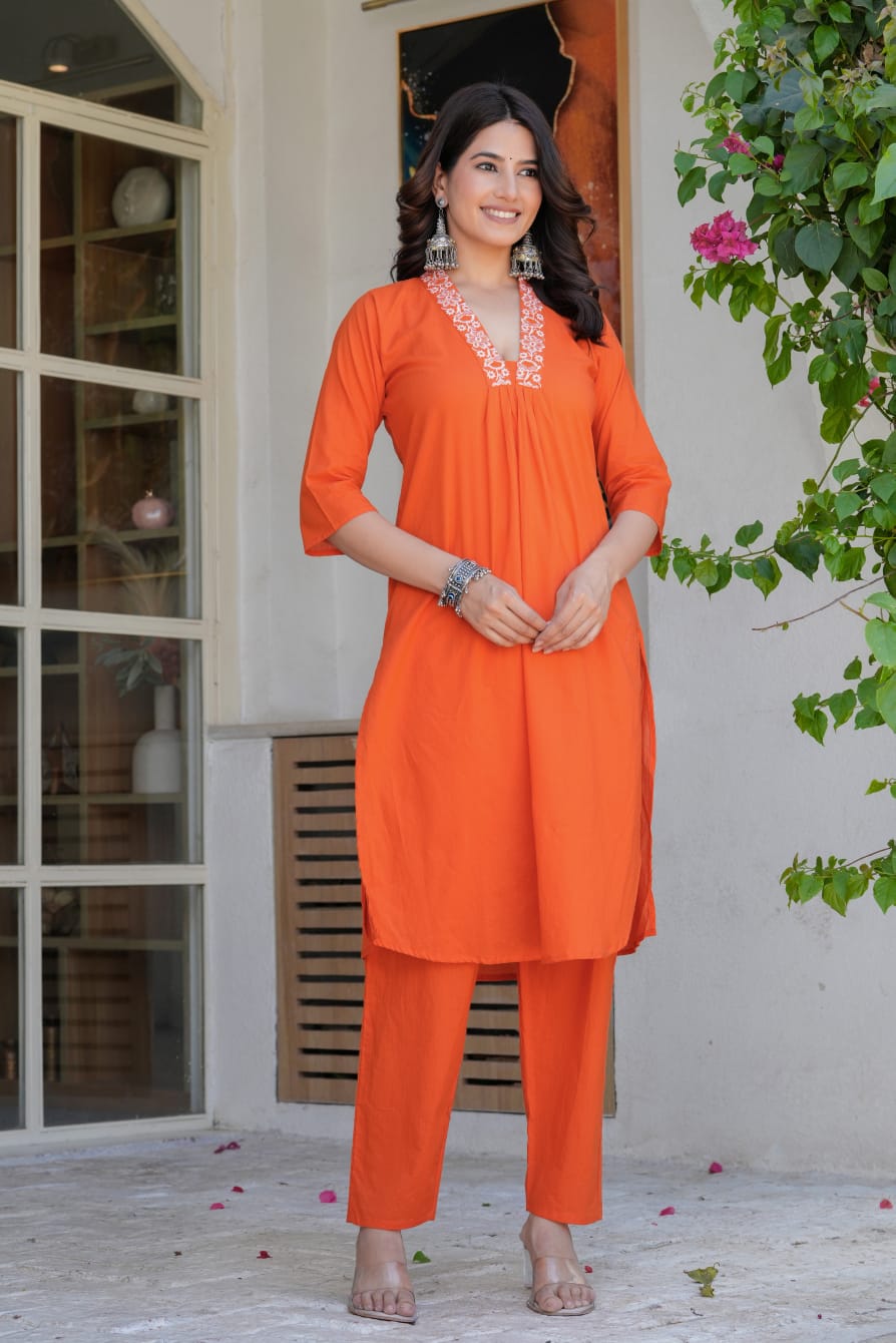 Premium Orange Embroidered Kurta Set with Organza Dupatta for Women – Festive & Ethnic Wear Suit Set