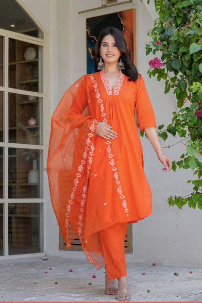 Premium Orange Embroidered Kurta Set with Organza Dupatta for Women – Festive & Ethnic Wear Suit Set
