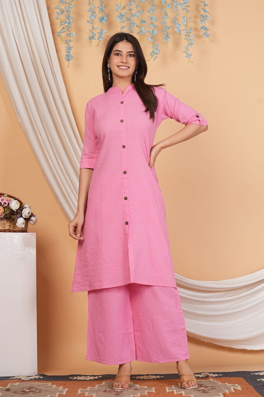 Soft Pink Cotton Katha Work Co-Ord Set for Women – Button-Down Long Kurta with Matching Wide-Leg Pants