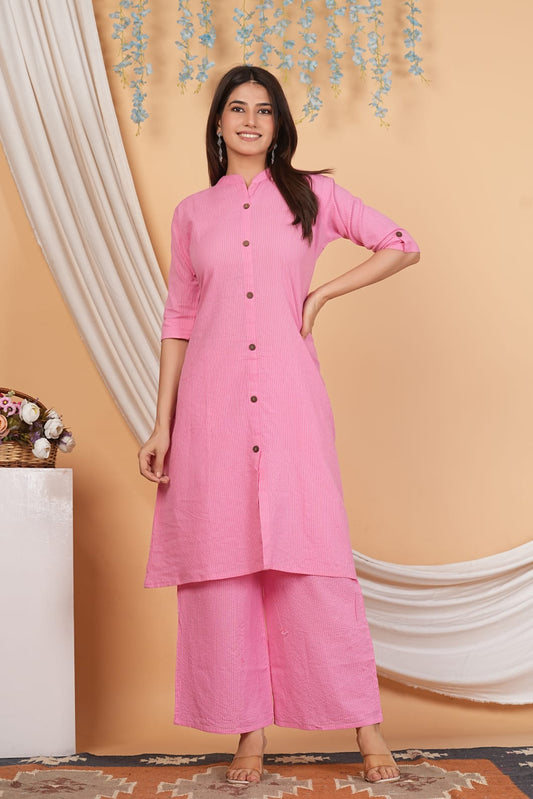 Soft Pink Cotton Katha Work Co-Ord Set for Women – Button-Down Long Kurta with Matching Wide-Leg Pants