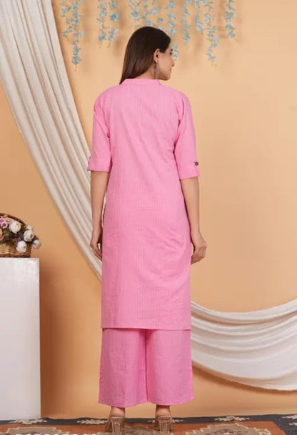 Soft Pink Cotton Katha Work Co-Ord Set for Women – Button-Down Long Kurta with Matching Wide-Leg Pants
