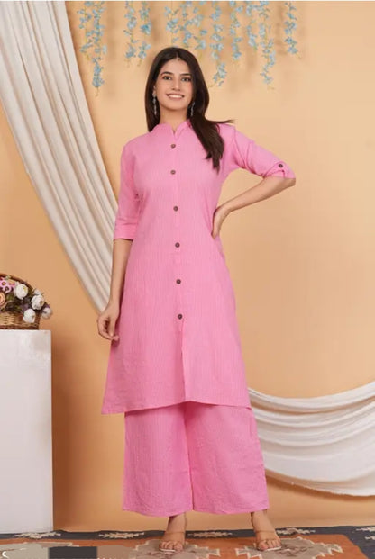 Soft Pink Cotton Katha Work Co-Ord Set for Women – Button-Down Long Kurta with Matching Wide-Leg Pants