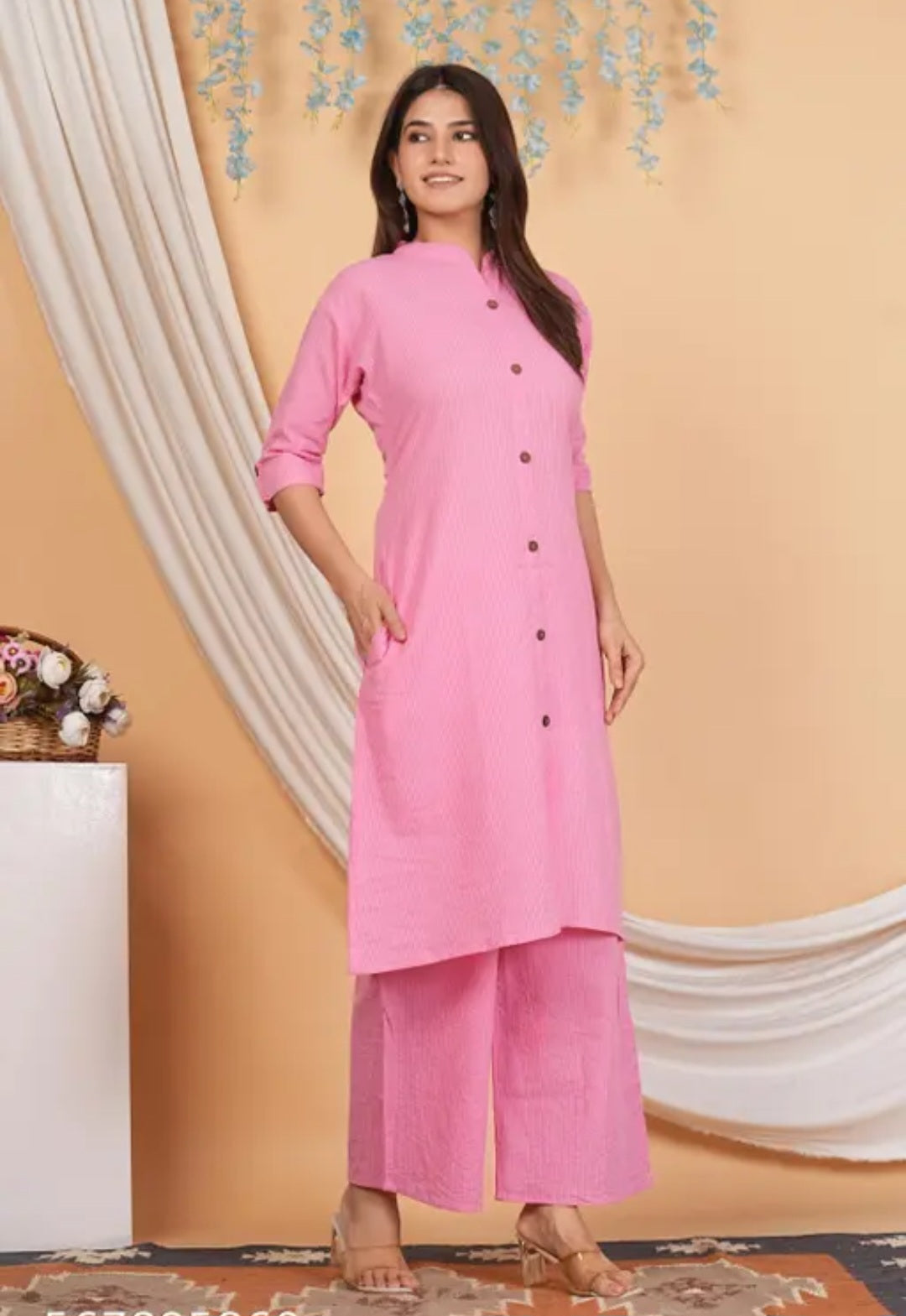 Soft Pink Cotton Katha Work Co-Ord Set for Women – Button-Down Long Kurta with Matching Wide-Leg Pants