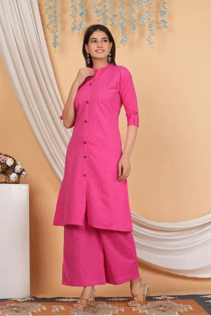 Rani Pink Cotton Katha Work Co-Ord Set for Women – Button-Down Long Kurta with Matching Wide-Leg Pants