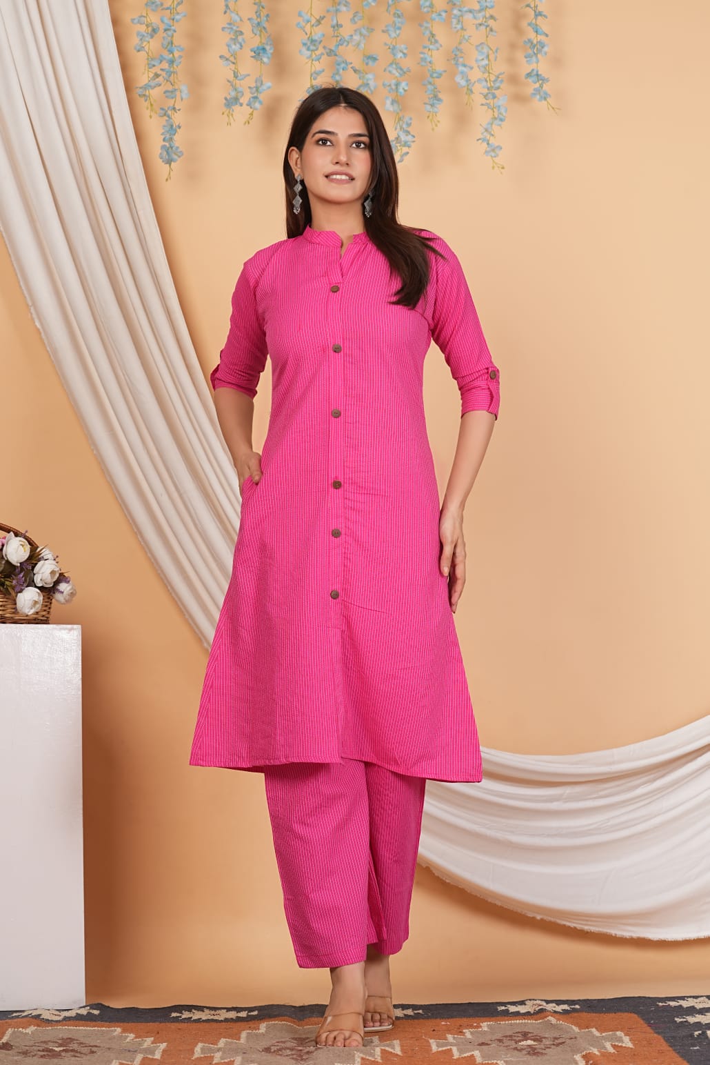 Rani Pink Cotton Katha Work Co-Ord Set for Women – Button-Down Long Kurta with Matching Wide-Leg Pants
